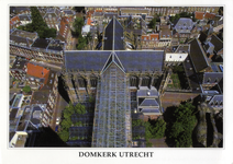 602114 Gezicht op het uit steigermateriaal opgetrokken tijdelijk herbouwde schip van de Domkerk (Domplein) te Utrecht, ...